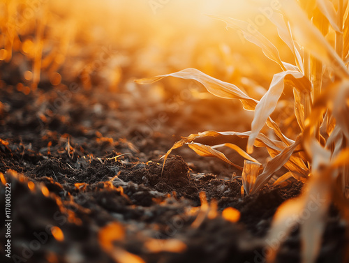 Rows of corn plants illuminated by warm sunlight on a late summer evening in a rural field photo