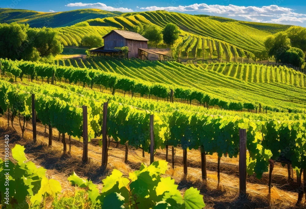 Naklejka premium colorful vineyard landscape featuring rows lush vines rustic wine barrels under bright blue skies, colors, contrast, crops, earth, fields, fruit, grape
