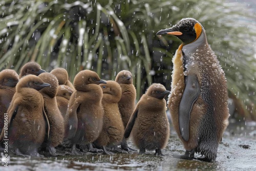 King penguin Aptenodytes patagonicus chicks gather in the cold with their parent in a snowy environment during the breeding season in Antarctica photo