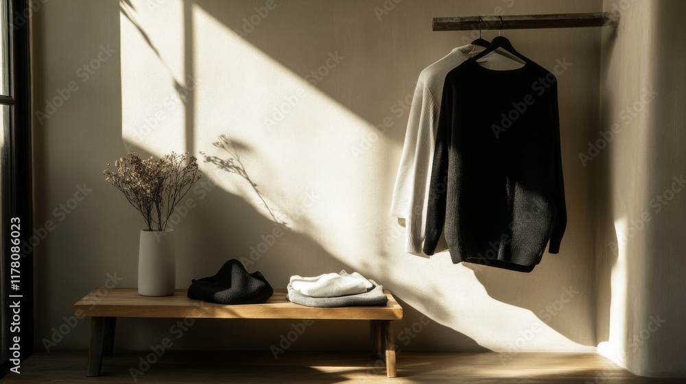 Fototapeta premium A minimalist setting focusing on comfort, elegance, and daily wear inspiration.