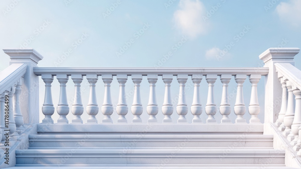 Fototapeta premium White stone or marble balustrades with pillars, columns, balusters and handrails. Vector realistic set of 3d fence in classic greek or roman style for balcony, terrace, stairs