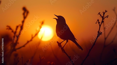 A silhouette of a Skylark bird singing melodiously as the sun sets behind it, casting a warm orange glow. photo