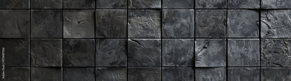 Naklejka premium Seamless grunge dark black anthracite grey gray square mosaic concrete cement stone wall tiles pattern texture wide background banner panoramic panorama