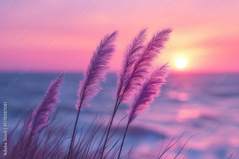 closeup of a delicate grass stem with a pastel sunset over a calm sea blending pink and purple tones the serene scene radiates tranquility and natural beauty closeup of a delicate grass stem with a pastel sunset over a calm sea blending pink and purple tones the serene scene radiates tranquility and natural beauty