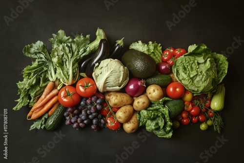 Vibrant flat lay of fresh vegetables and fruits  a colorful display of nature s bounty photo