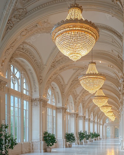 Grand hall with ornate chandeliers and arched windows. photo