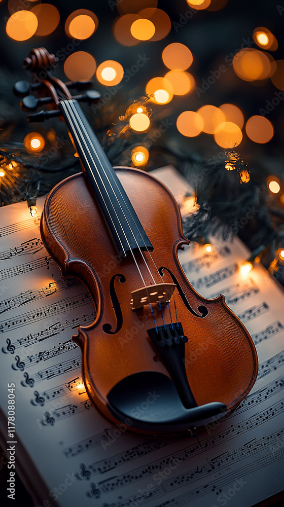 Fototapeta premium Violin on sheet music with warm lights.