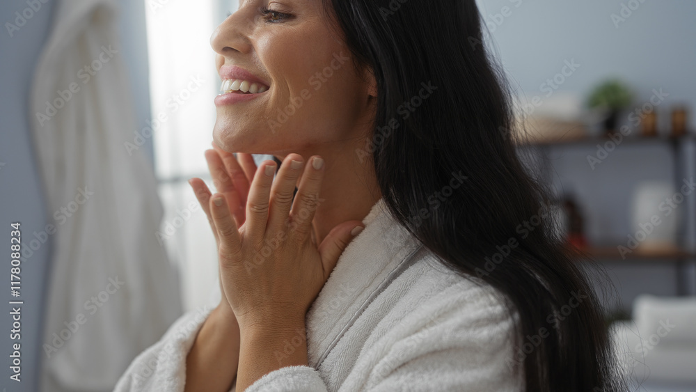 Beautiful hispanic woman in a spa room with brunette hair and white robe enjoying a skincare routine at a wellness center. Beautiful hispanic woman in a spa room with brunette hair and white robe enjoying a skincare routine at a wellness center.
