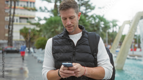 Young man using smartphone walks along city street in casual attire on a cloudy day, blending modern technology with urban outdoors.