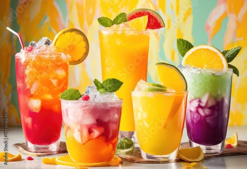 Wallpaper Mural colorful display duo drink cups various beverages including cocktails set bright background, soda, juice, glass, soft, arrangement, showcase, barware Torontodigital.ca