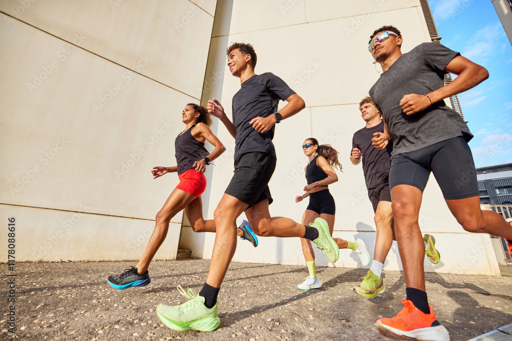 Cheerful diverse friends jogging on street Cheerful diverse friends jogging on street