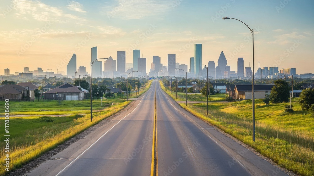 Fototapeta premium Highway, empty road to city with skyscraper buildings and modern houses. Two-lane asphalted way perspective view with street lamps and green field by sides, urban cityscape Cartoon vector illustration