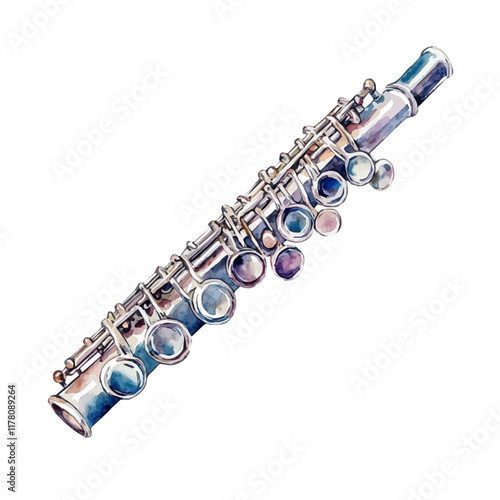 A watercolor illustration of a piccolo mouthpiece, isolated on a white background. Musical accessory vector.
