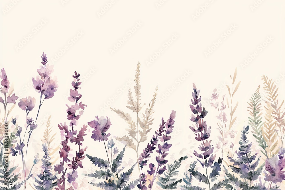 Obraz premium Watercolor floral border featuring lavender sprigs and fern leaves, impressionist style, delicate color gradients, light beige background, natural flow