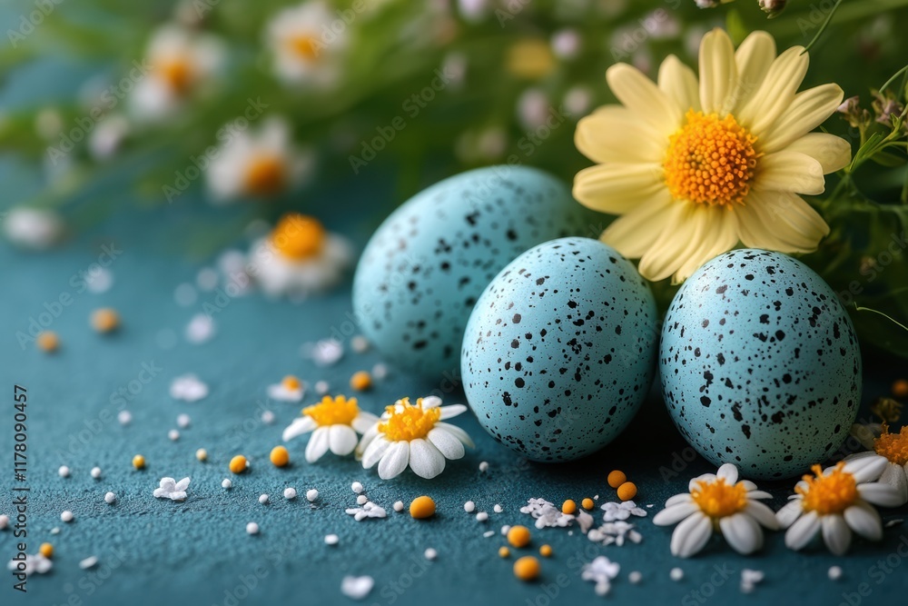 Celebration of Easter with decorative eggs and flowers on a vibrant surface Celebration of Easter with decorative eggs and flowers on a vibrant surface