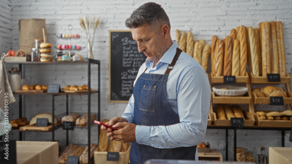 Handsome middle-age man using phone in bakery shop surrounded by baked goods and wearing apron Handsome middle-age man using phone in bakery shop surrounded by baked goods and wearing apron