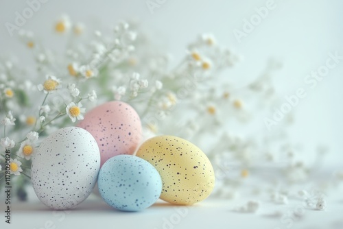 Colorful Easter eggs displayed alongside delicate flowers for a joyful spring celebration photo