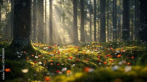 Sunbeams illuminate a misty forest floor covered in wildflowers.