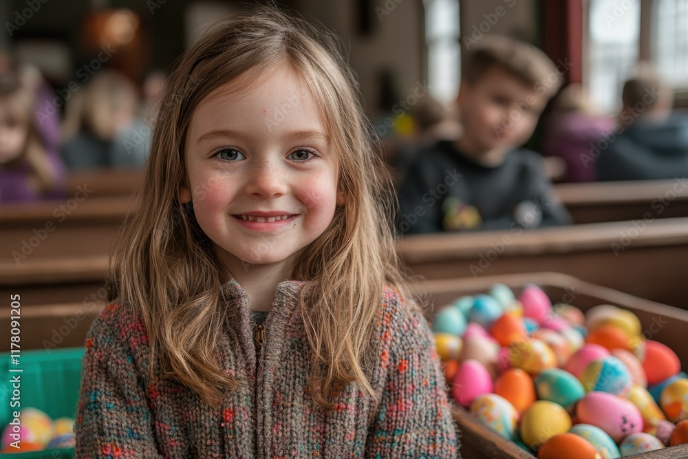 Smiling child participates in Easter egg activity in a bright community center Smiling child participates in Easter egg activity in a bright community center