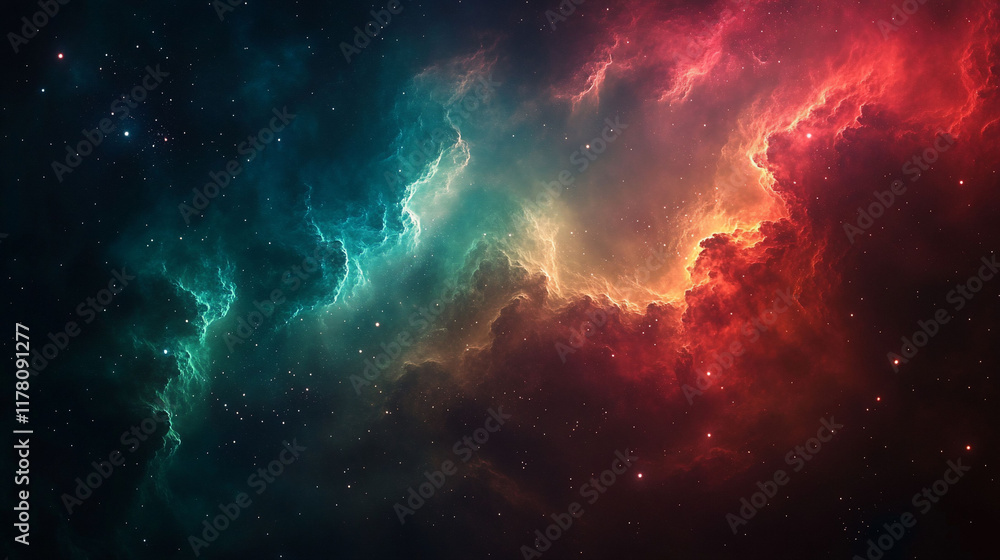 Fototapeta premium Cosmic nebula with red and teal clouds, stars.