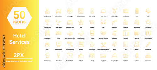 hotel services icons set such as, 	airplane, background, bag, beach, camera, holiday, hotel, icon, icons, illustration, line, luggage, passport, plane, sea, service, set, vector stock illustration