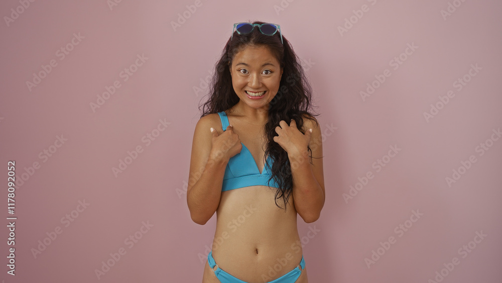 Naklejka premium Young chinese woman posing over isolated pink background wearing blue bikini and sunglasses smiling attractively