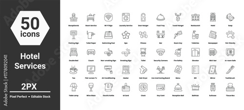 hotel services icons set such as, 	airplane, background, bag, beach, camera, holiday, hotel, icon, icons, illustration, line, luggage, passport, plane, sea, service, set, vector stock illustration