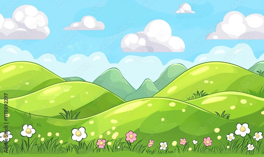 Fototapeta premium Cartoon rolling green hills landscape with flowers, clouds, and mountains.