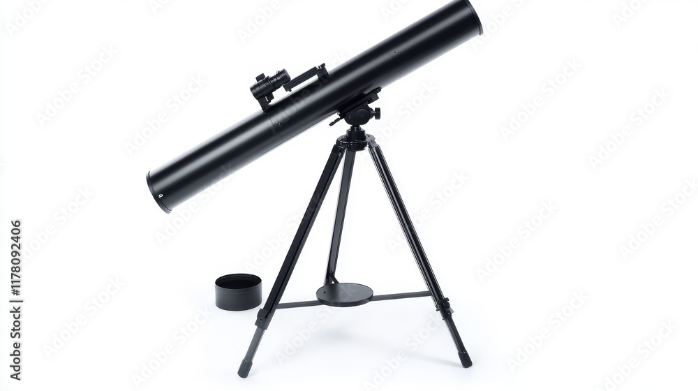 Telescope for space exploration, science discovery and astronomy studying. Equipment for watching stars and planets in cosmos. Night landscape with glass on tripod on hill, Cartoon vector illustration Telescope for space exploration, science discovery and astronomy studying. Equipment for watching stars and planets in cosmos. Night landscape with glass on tripod on hill, Cartoon vector illustration