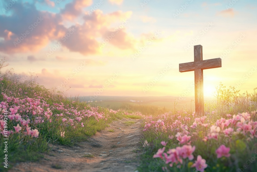Celebrating the miracle of Easter with flowers and a cross at sunrise in a serene landscape Celebrating the miracle of Easter with flowers and a cross at sunrise in a serene landscape
