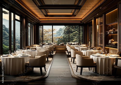 Luxurious restaurant with mountain view.