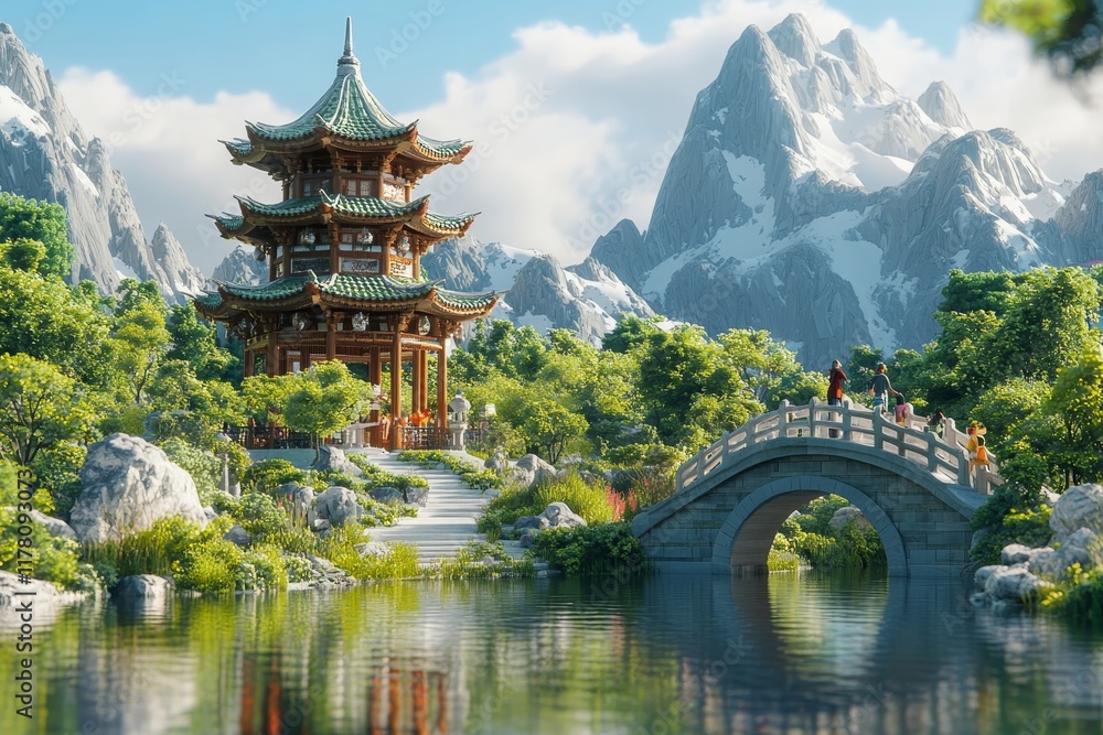 Obraz premium Tranquil east asian landscape with pagoda, stone bridge, pavilion, and snow capped mountains