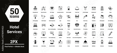 hotel services icons set such as, 	airplane, background, bag, beach, camera, holiday, hotel, icon, icons, illustration, line, luggage, passport, plane, sea, service, set, vector stock illustration