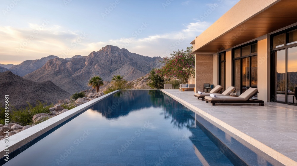 Fototapeta premium luxury resort setting, elegant villa pool terrace with stone paving, vibrant bougainvillea, peaceful mountain scenery, and chic cabanas