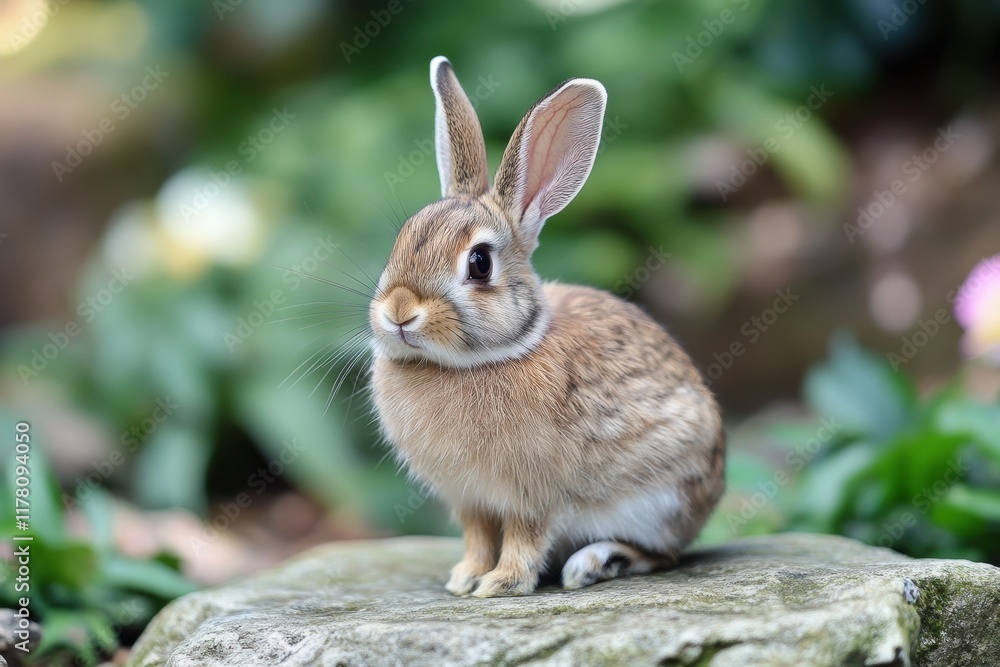 Small rabbit resting on a stone amidst green foliage in a garden setting Small rabbit resting on a stone amidst green foliage in a garden setting