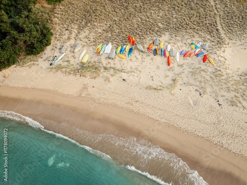 Colorful kayaks lined up on a sandy beach, near the ocean. A tranquil scene. Onemana, Whangamata, Coromandel Peninsula, NZ photo