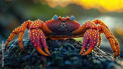 Red crab on rock at sunset, Galapagos Islands. photo