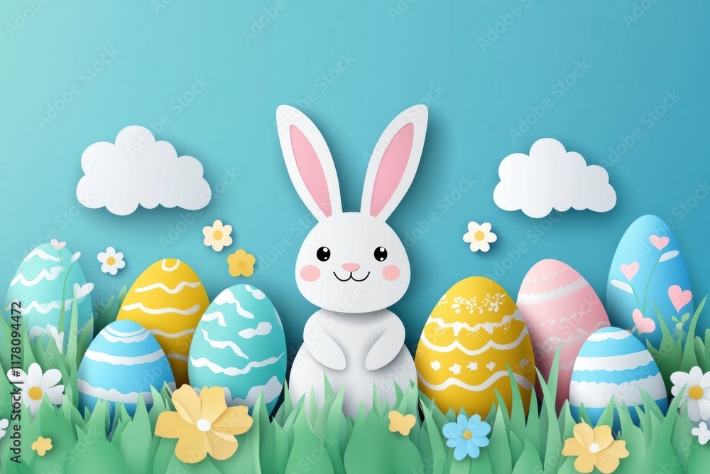 Celebrating Easter with a cheerful bunny and colorful eggs in a vibrant spring landscape Celebrating Easter with a cheerful bunny and colorful eggs in a vibrant spring landscape