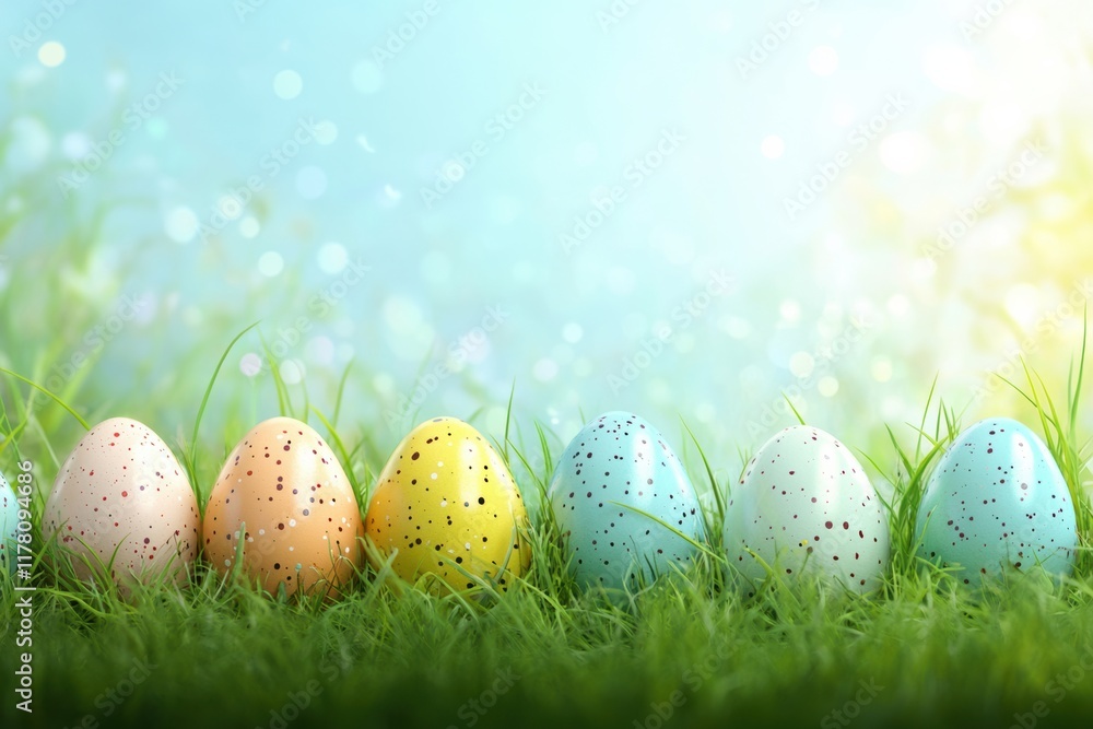 Fototapeta premium Festive Easter eggs arranged in a vibrant green grass background with sparkling light