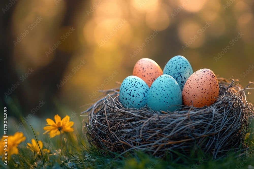 Obraz premium Colorful Easter eggs nestled in a rustic nest among blooming flowers at sunrise