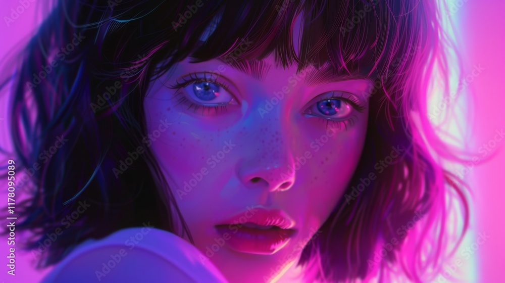 Fototapeta premium Stunning 2D cartoon illustration of an anime girl featuring vaporwave and synthwave styles with vibrant chromosaturation and neon hues perfect for stickers or t shirts in a cyberpunk theme