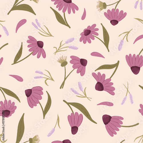 Seamless vector pattern elegant dainty florals on cream white, Purple coneflower repeat textile