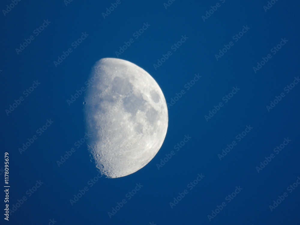 Waxing gibbous moon with craters in blue sky Waxing gibbous moon with craters in blue sky