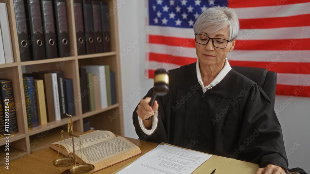 Mature woman judge with short grey hair wearing glasses and a black robe, holding a gavel in a courtroom setting with an american flag in the background. Mature woman judge with short grey hair wearing glasses and a black robe, holding a gavel in a courtroom setting with an american flag in the background.