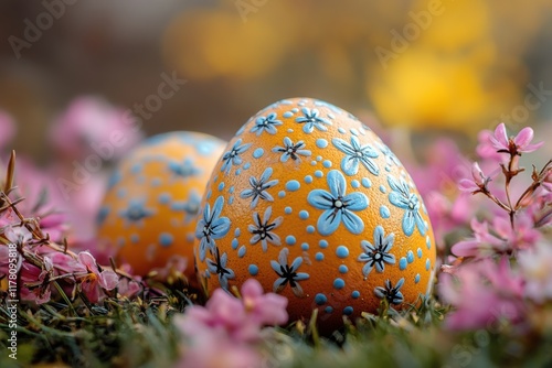 Beautifully decorated Easter eggs placed among vibrant spring flowers in a garden setting photo