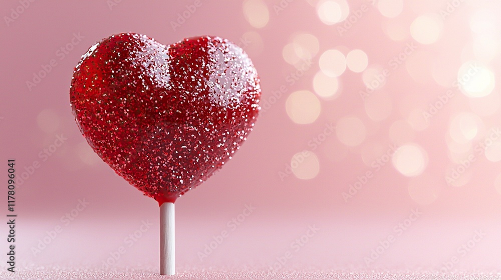 Red heart lollipop on pink glitter background with bokeh. Red heart lollipop on pink glitter background with bokeh.