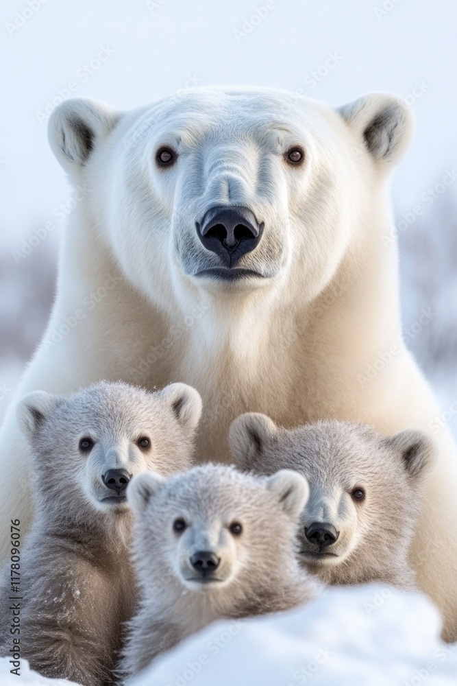Fototapeta premium A mother polar bear with her newborn cubs playing in the snow, suitable for winter-themed illustrations and advertisements