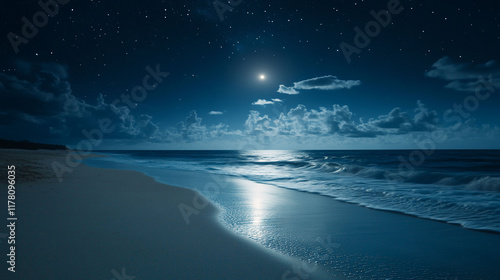 Serene moonlit beach at night with calm ocean waves and starry sky.