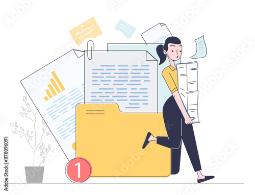 Woman work with documents. Young girl with stack of papers near folder with documents. Clerk and manager, paperwork. Overworked employee at workplace. Linear vector illustration