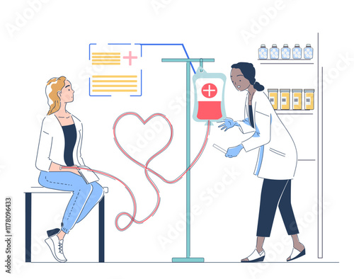 Woman donating blood. Doctor with patient. Young girl in medical uniform. Blood donor, activist and volunteer. International holiday and festival. Linear vector illustration